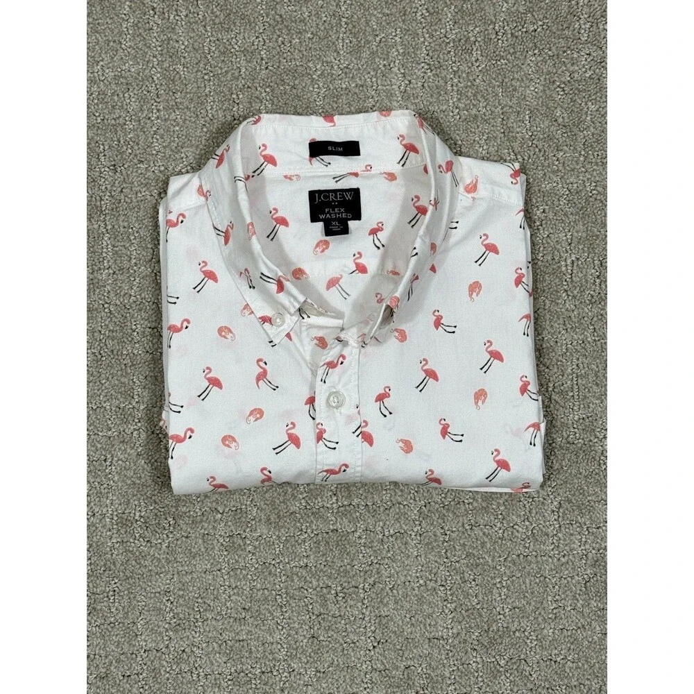 J.Crew Mens XL Flex Washed Shirt Pink Flamingo Print Short Sleeve Button Up